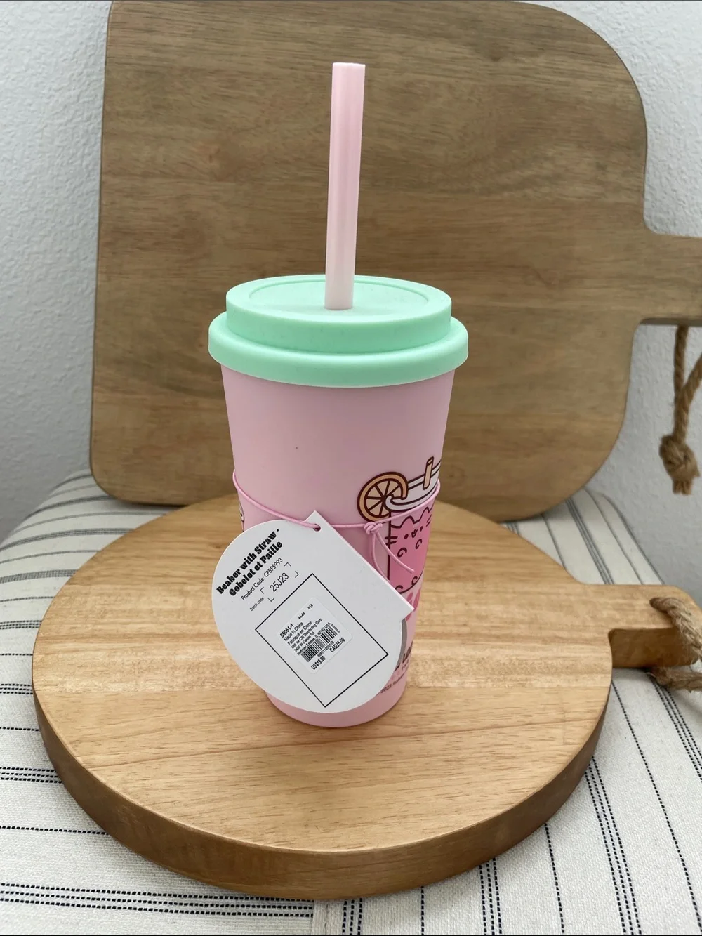 SALE! NWT Kids Pink Travel Cup with Mint Lid - Breakfast Club Pusheen The Cat 7”